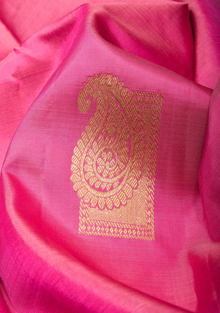 Pink Kanjivaram Silk Saree with Paisley Motifs and Zari Border | SILK MARK CERTIFIED