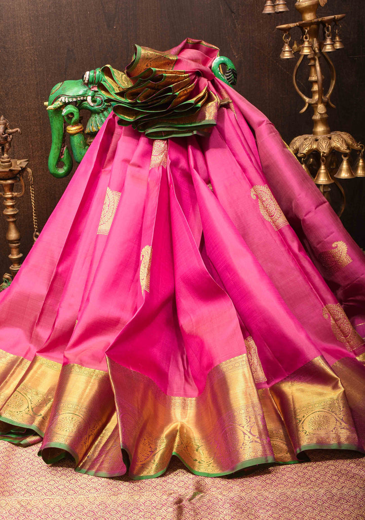 Pink Kanjivaram Silk Saree with Paisley Motifs and Zari Border | SILK MARK CERTIFIED