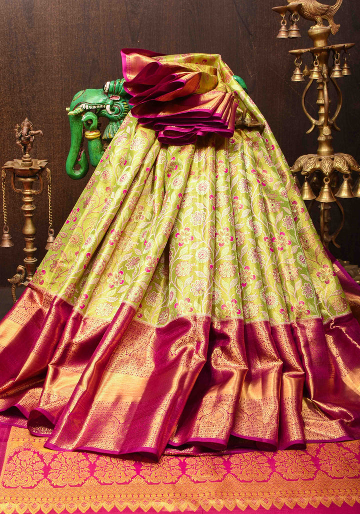 Tea Green Tissue Kanjivaram Silk Saree with Meenakari Floral Jaal Brocade and Contrast Wide Zari Border| SILK MARK CERTIFIED