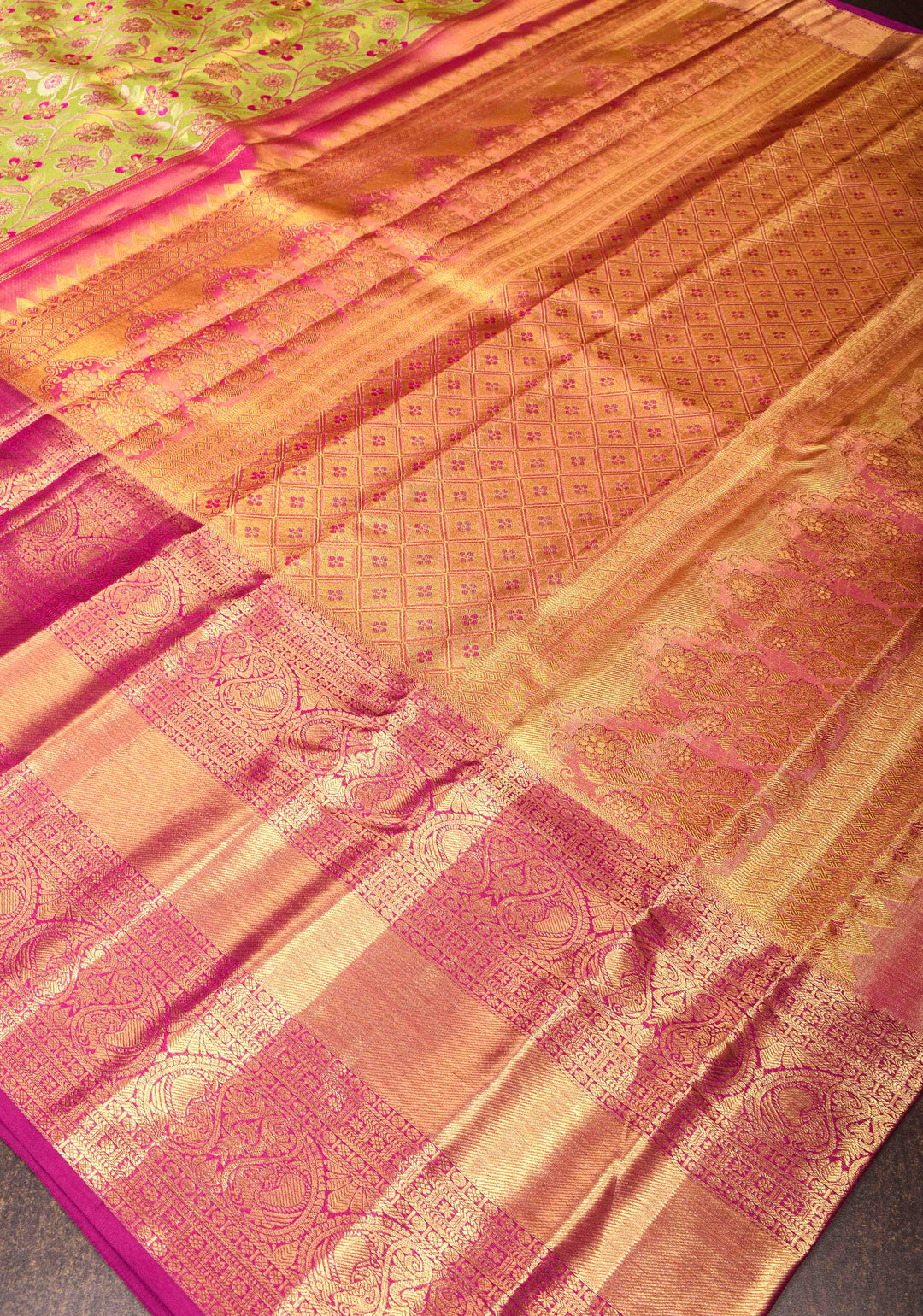 Tea Green Tissue Kanjivaram Silk Saree with Meenakari Floral Jaal Brocade and Contrast Wide Zari Border| SILK MARK CERTIFIED