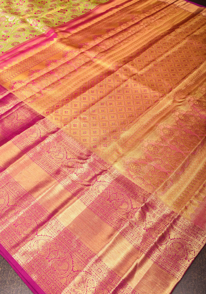 Tea Green Tissue Kanjivaram Silk Saree with Meenakari Floral Jaal Brocade and Contrast Wide Zari Border| SILK MARK CERTIFIED