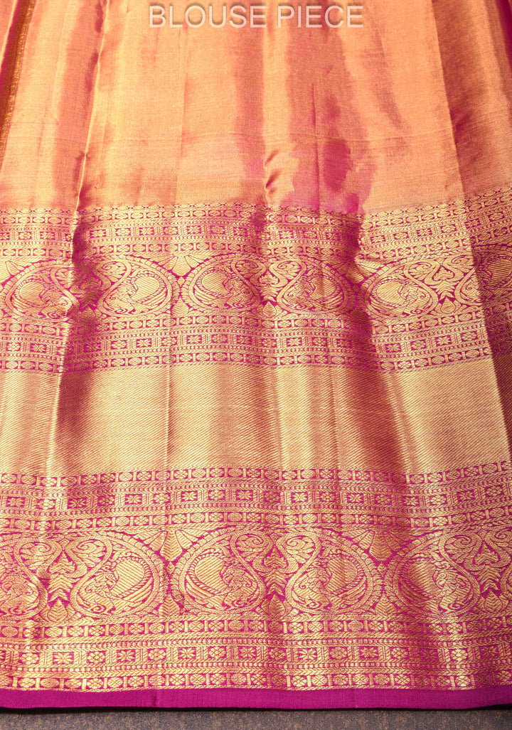 Tea Green Tissue Kanjivaram Silk Saree with Meenakari Floral Jaal Brocade and Contrast Wide Zari Border| SILK MARK CERTIFIED