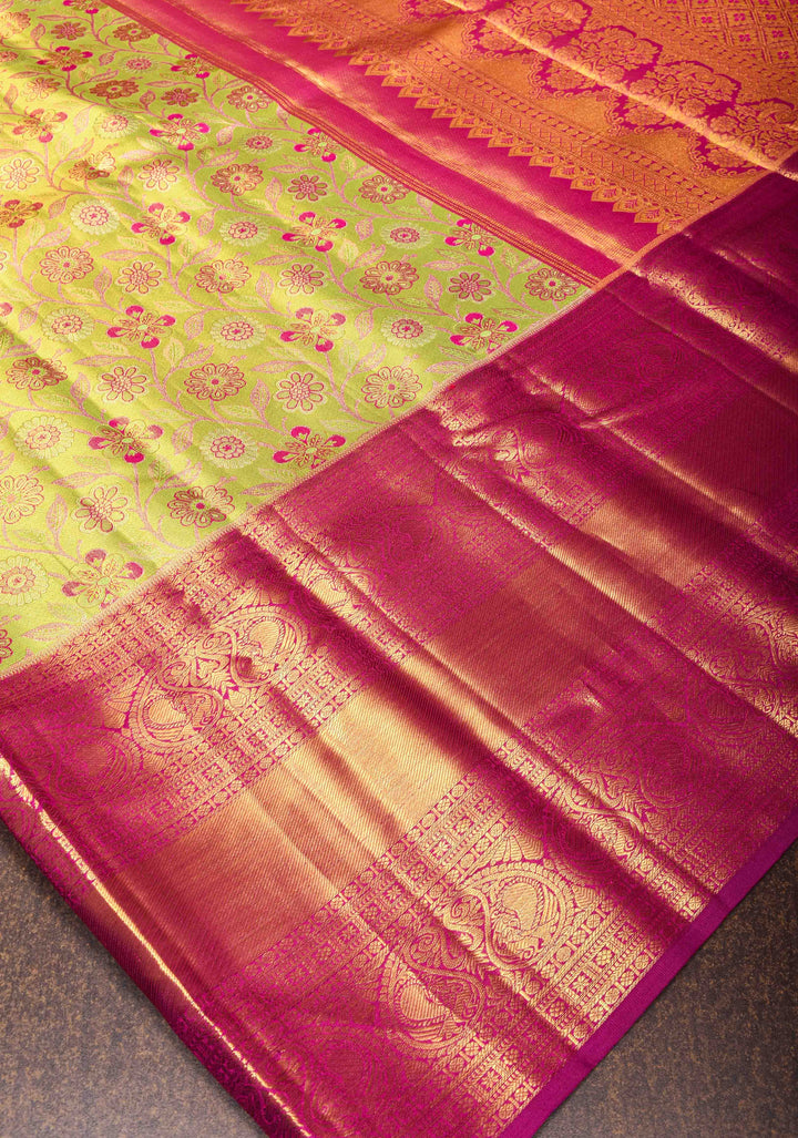 Tea Green Tissue Kanjivaram Silk Saree with Meenakari Floral Jaal Brocade and Contrast Wide Zari Border| SILK MARK CERTIFIED