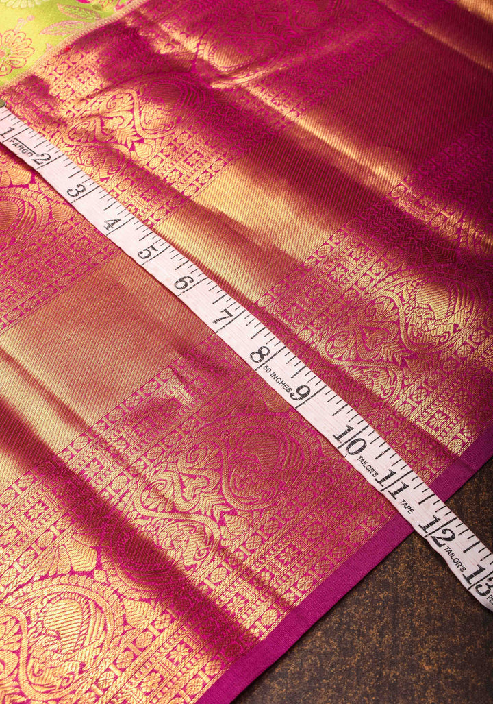 Tea Green Tissue Kanjivaram Silk Saree with Meenakari Floral Jaal Brocade and Contrast Wide Zari Border| SILK MARK CERTIFIED