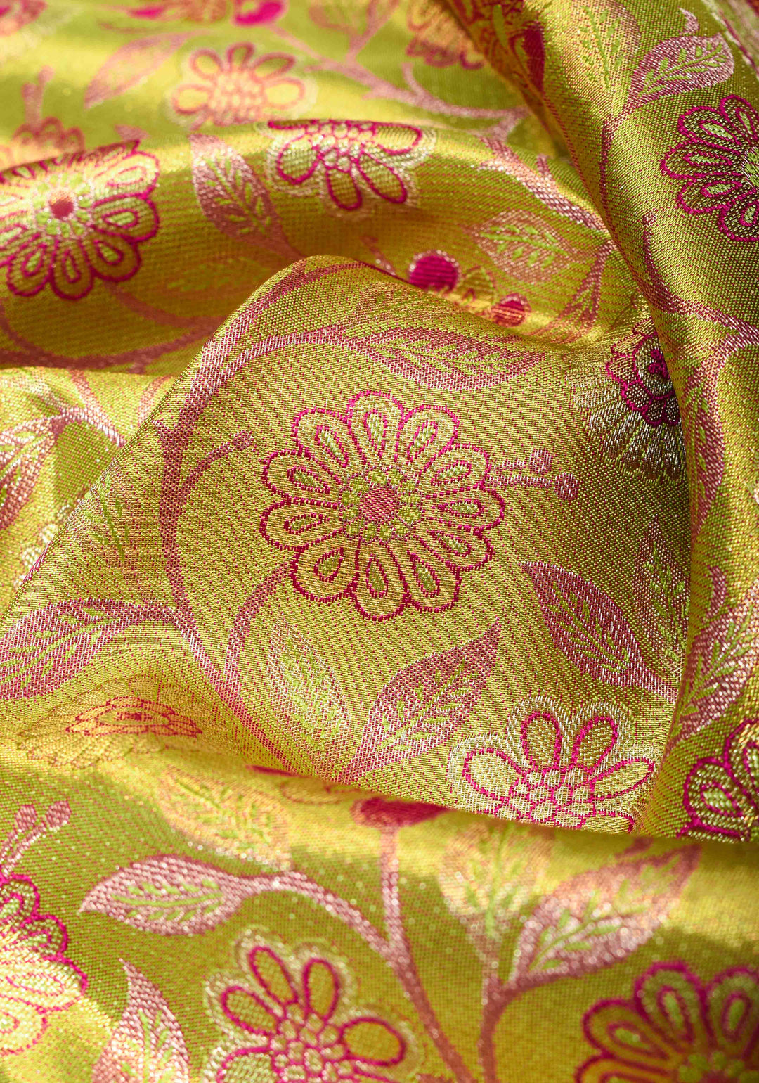 Tea Green Tissue Kanjivaram Silk Saree with Meenakari Floral Jaal Brocade and Contrast Wide Zari Border| SILK MARK CERTIFIED