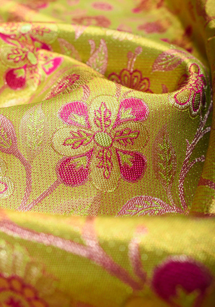 Tea Green Tissue Kanjivaram Silk Saree with Meenakari Floral Jaal Brocade and Contrast Wide Zari Border| SILK MARK CERTIFIED