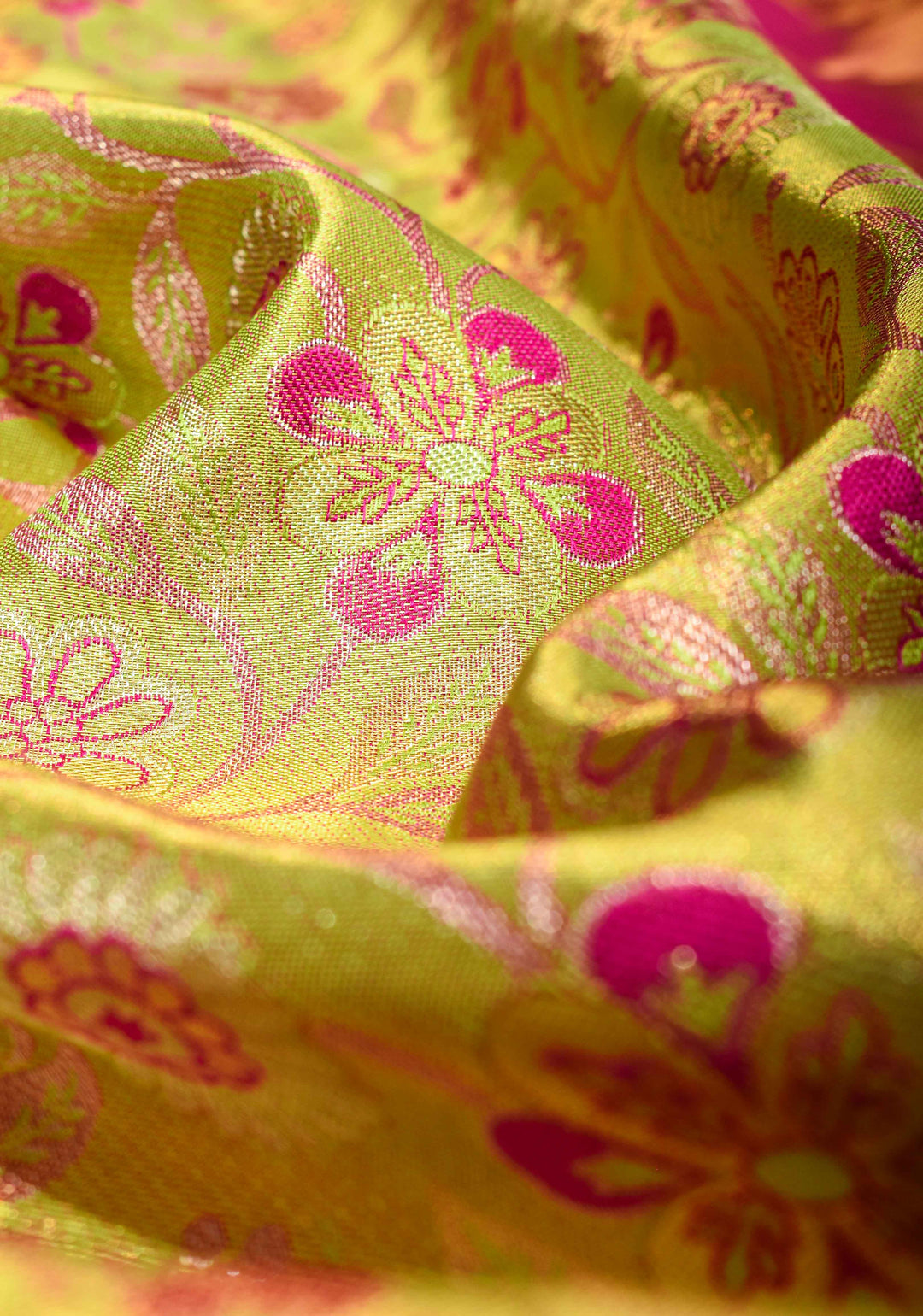 Tea Green Tissue Kanjivaram Silk Saree with Meenakari Floral Jaal Brocade and Contrast Wide Zari Border| SILK MARK CERTIFIED