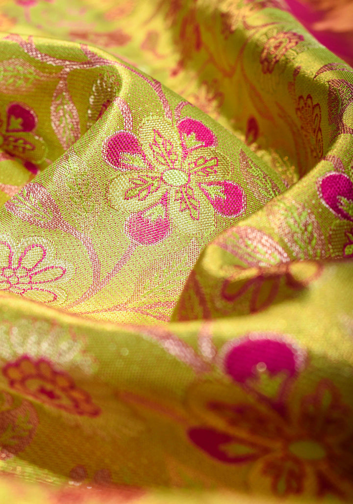 Tea Green Tissue Kanjivaram Silk Saree with Meenakari Floral Jaal Brocade and Contrast Wide Zari Border| SILK MARK CERTIFIED