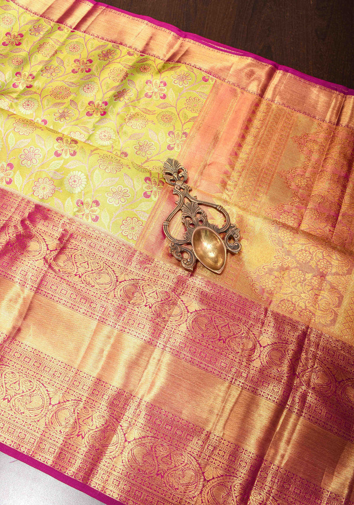 Tea Green Tissue Kanjivaram Silk Saree with Meenakari Floral Jaal Brocade and Contrast Wide Zari Border| SILK MARK CERTIFIED
