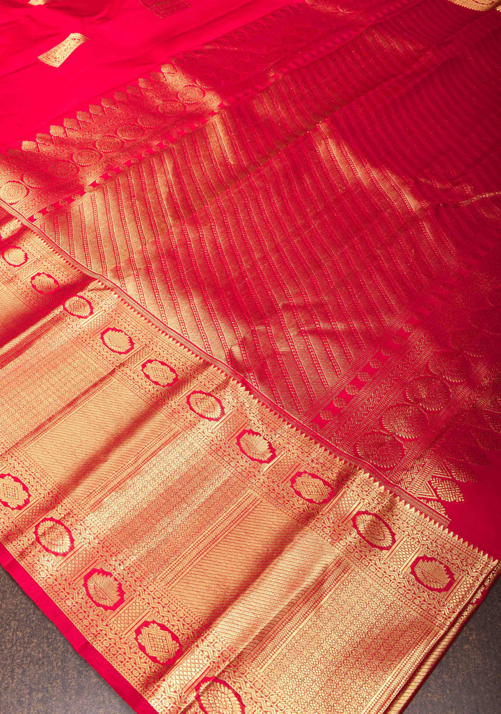 Red Kanjivaram Silk Saree with Geometric Motifs and Zari Border| SILK MARK CERTIFIED