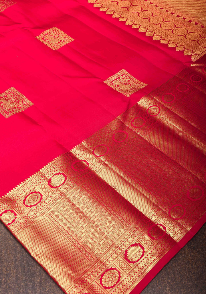 Red Kanjivaram Silk Saree with Geometric Motifs and Zari Border| SILK MARK CERTIFIED