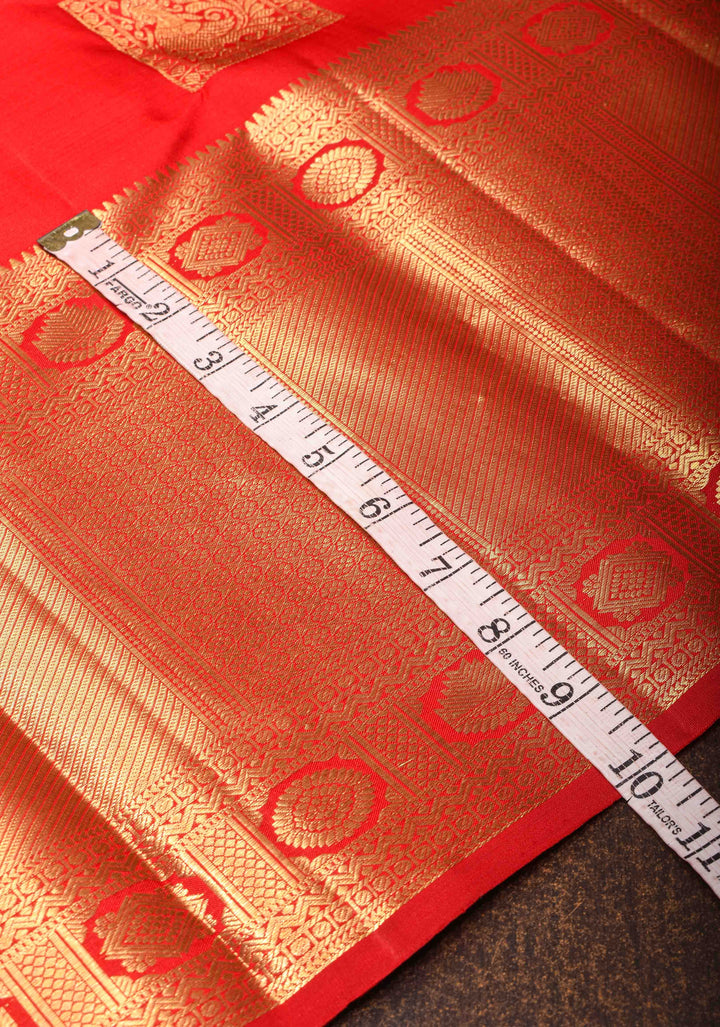 Red Kanjivaram Silk Saree with Geometric Motifs and Zari Border| SILK MARK CERTIFIED