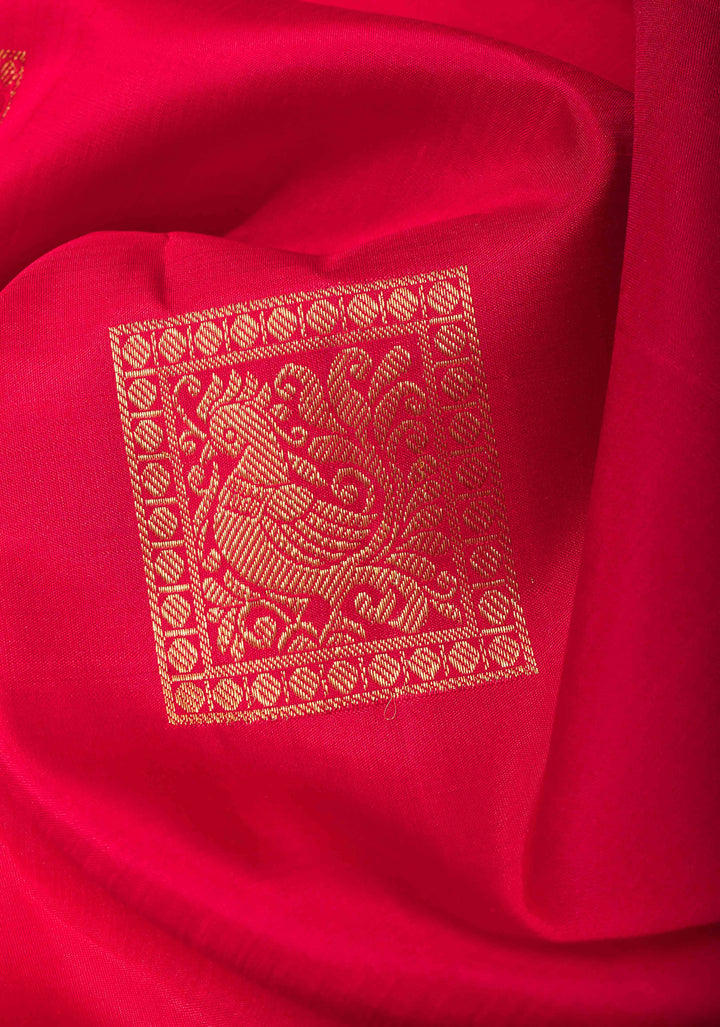 Red Kanjivaram Silk Saree with Geometric Motifs and Zari Border| SILK MARK CERTIFIED