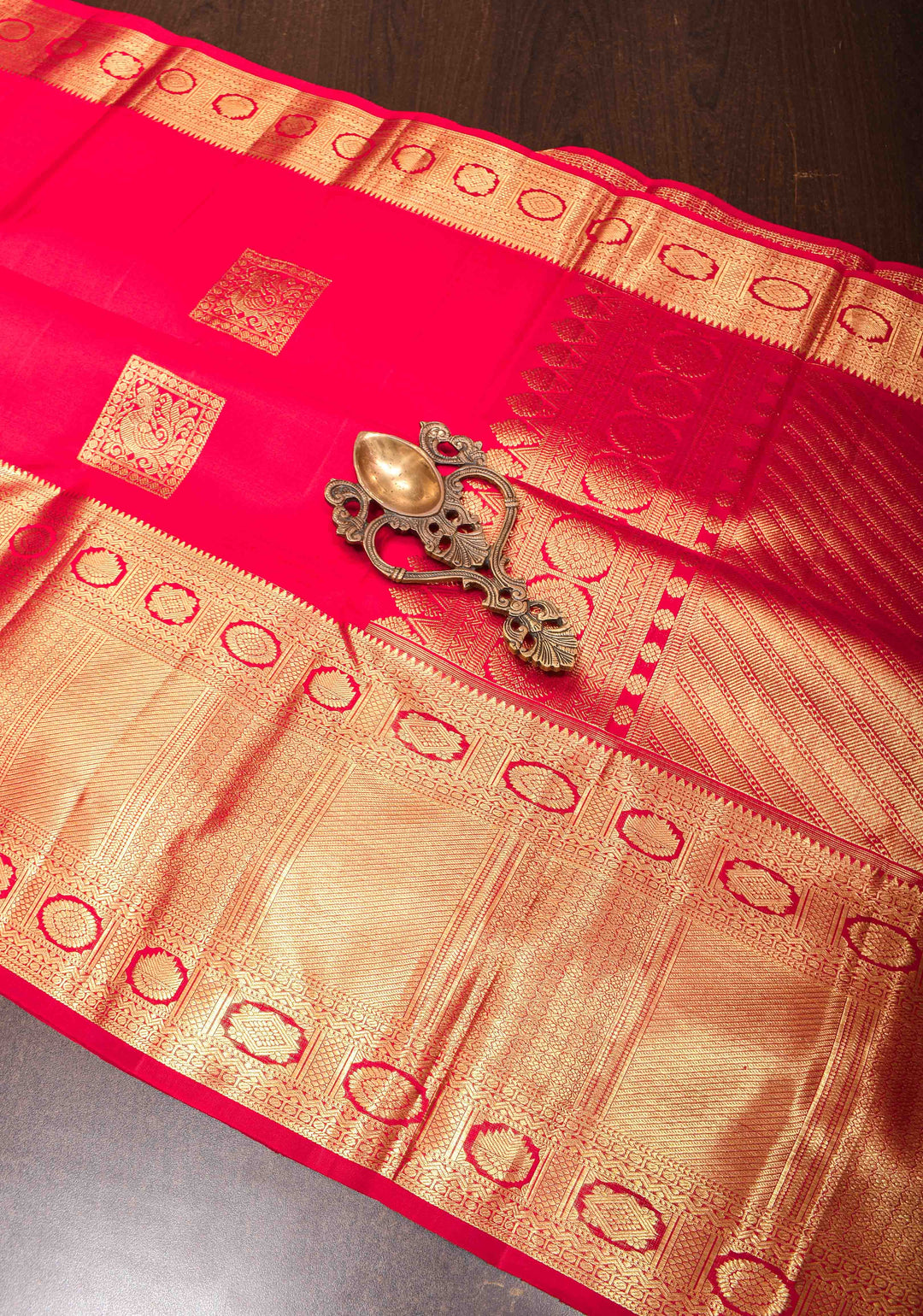 Red Kanjivaram Silk Saree with Geometric Motifs and Zari Border| SILK MARK CERTIFIED