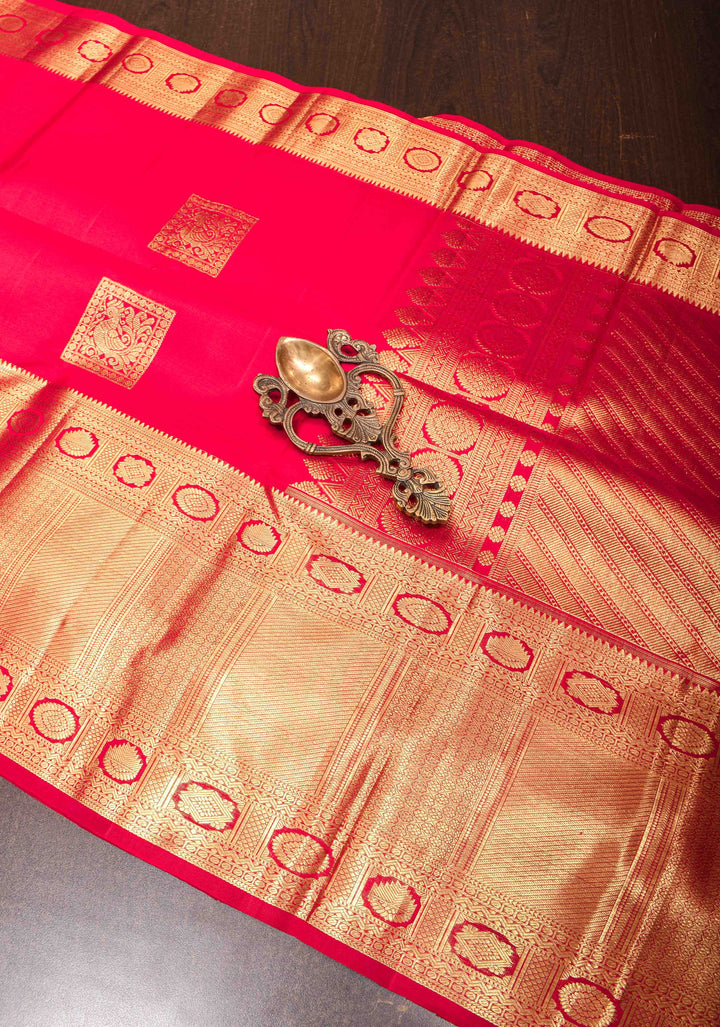 Red Kanjivaram Silk Saree with Geometric Motifs and Zari Border| SILK MARK CERTIFIED