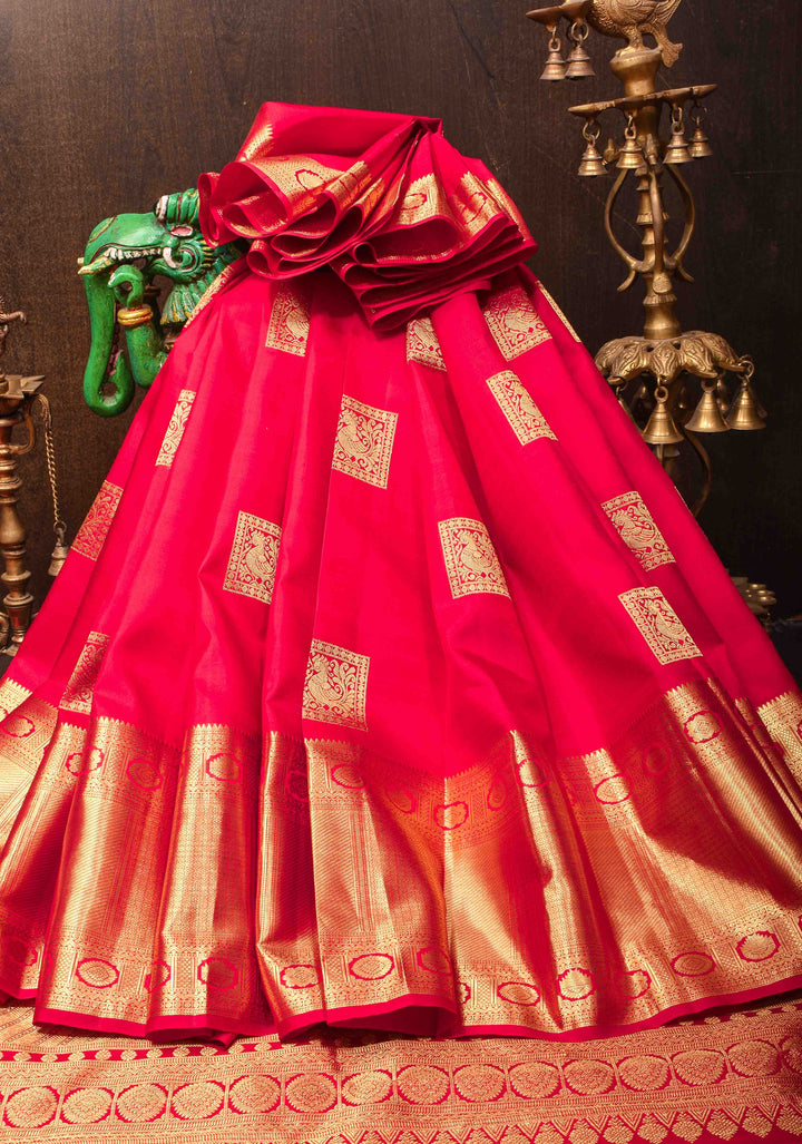 Red Kanjivaram Silk Saree with Geometric Motifs and Zari Border| SILK MARK CERTIFIED