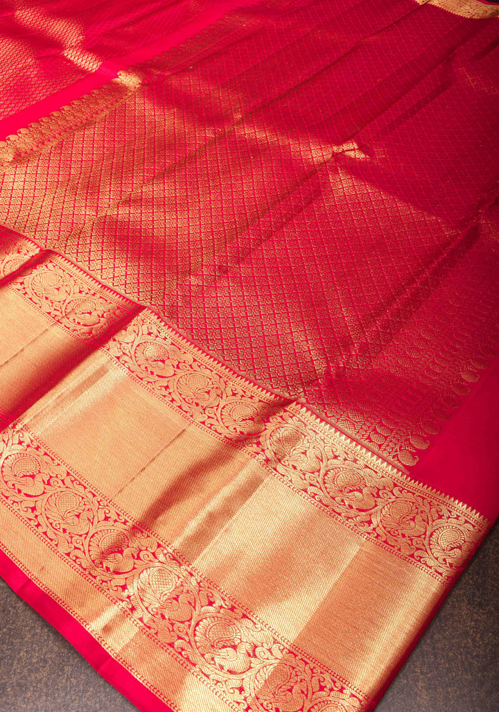 Kanjivaram Silk Saree in Pinkish Red with Brocade and Wide Zari Border| SILK MARK CERTIFIED