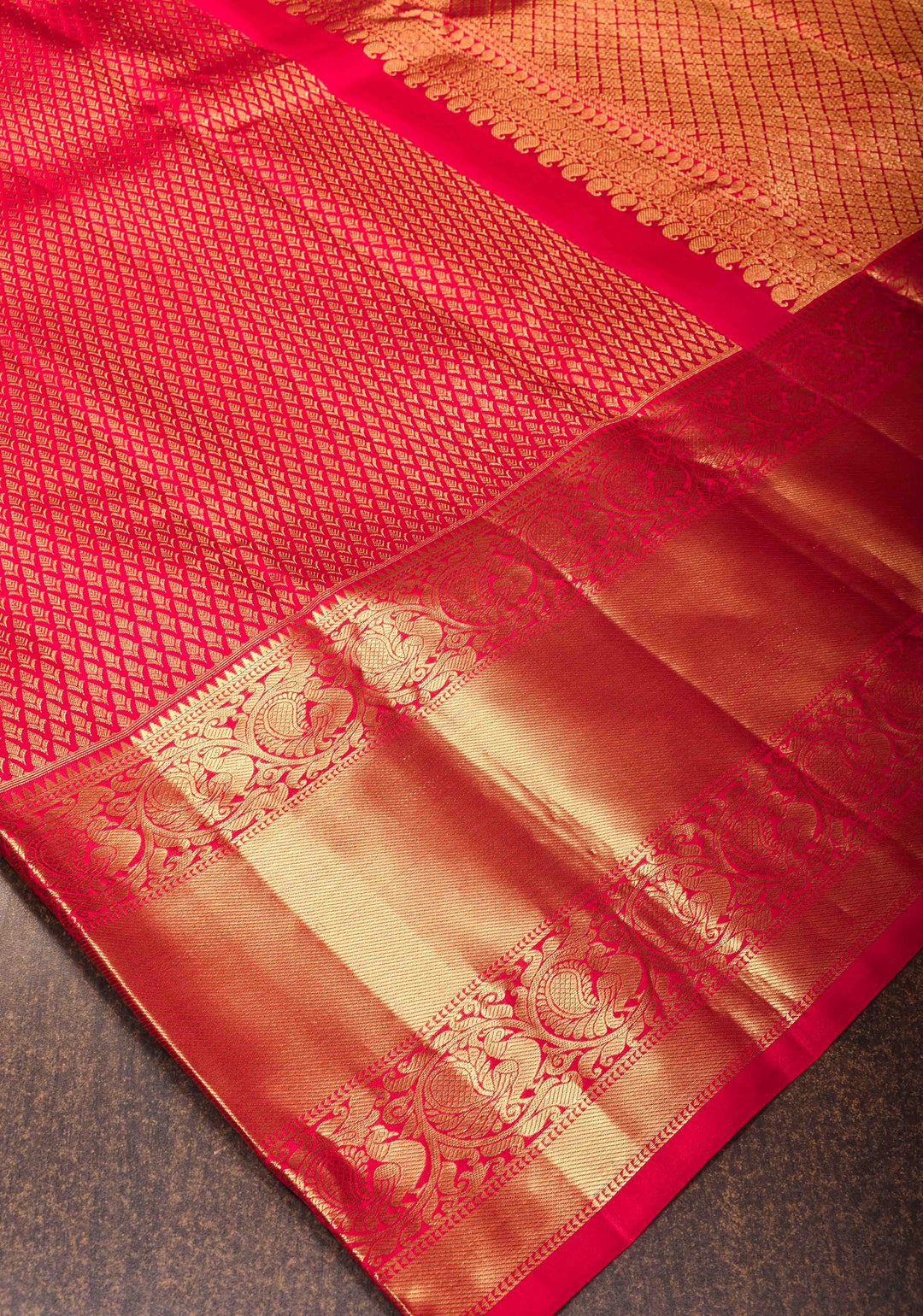 Kanjivaram Silk Saree in Pinkish Red with Brocade and Wide Zari Border| SILK MARK CERTIFIED