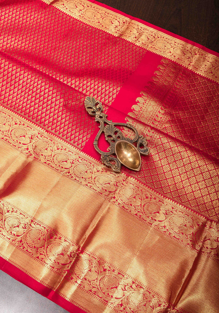 Kanjivaram Silk Saree in Pinkish Red with Brocade and Wide Zari Border| SILK MARK CERTIFIED