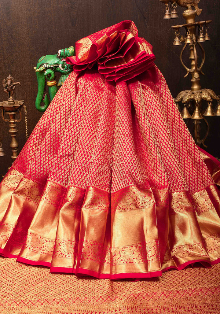 Kanjivaram Silk Saree in Pinkish Red with Brocade and Wide Zari Border| SILK MARK CERTIFIED