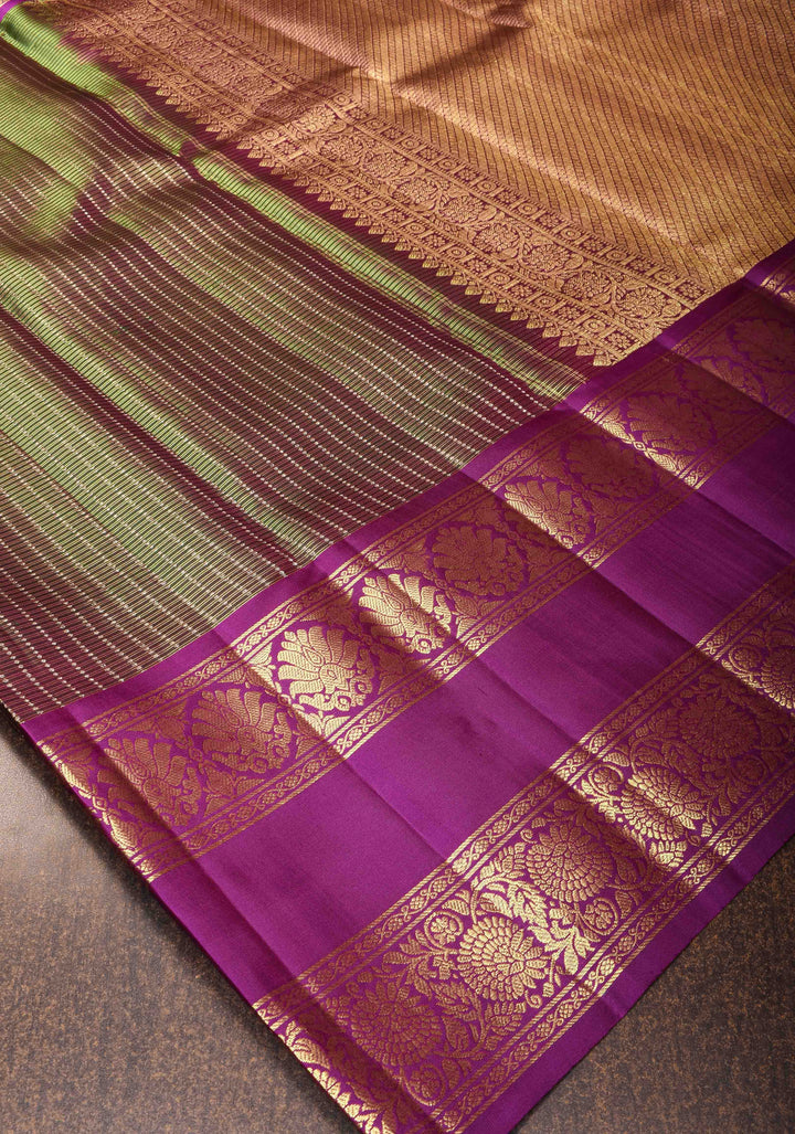 Green Dual tone Pure Kanjivaram Silk Saree with Zari Checks and Rettaipet Borders| SILK MARK CERTIFIED