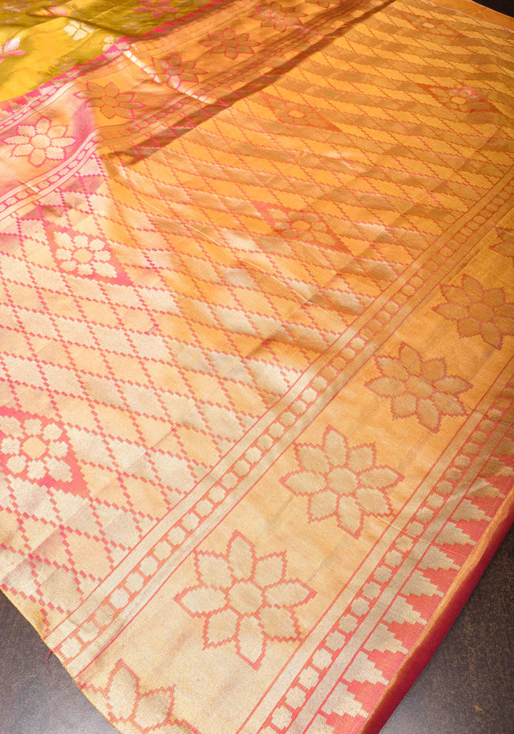 Borderless Gold Tissue Kanjivaram Silk Saree with meenakari Floral and birds motifs | SILK MARK CERTIFIED