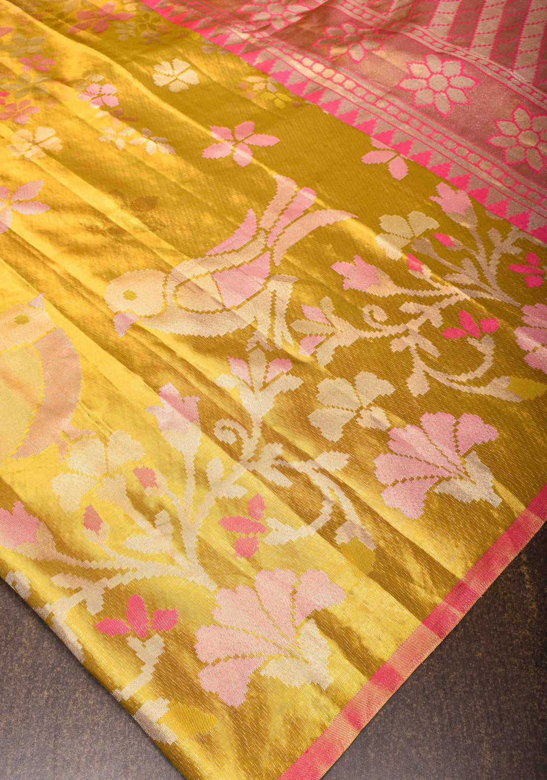 Borderless Gold Tissue Kanjivaram Silk Saree with meenakari Floral and birds motifs | SILK MARK CERTIFIED