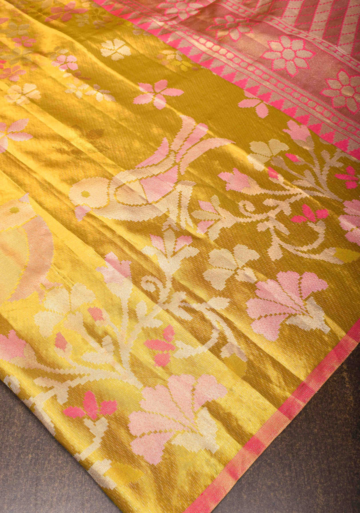 Borderless Gold Tissue Kanjivaram Silk Saree with meenakari Floral and birds motifs | SILK MARK CERTIFIED