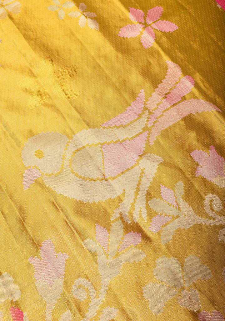 Borderless Gold Tissue Kanjivaram Silk Saree with meenakari Floral and birds motifs | SILK MARK CERTIFIED
