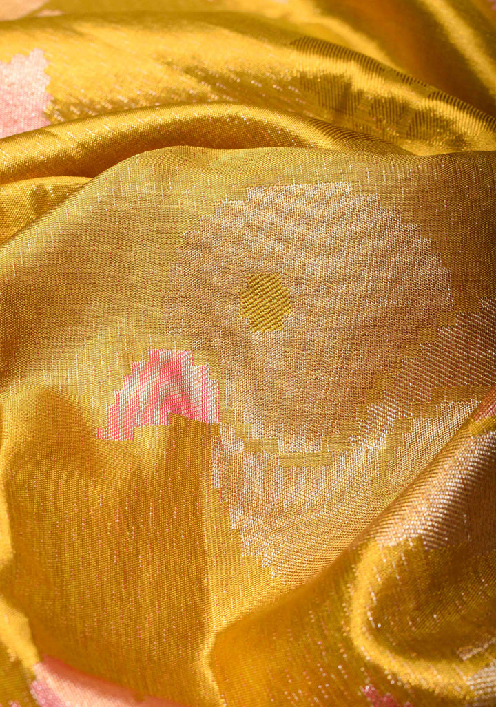 Borderless Gold Tissue Kanjivaram Silk Saree with meenakari Floral and birds motifs | SILK MARK CERTIFIED