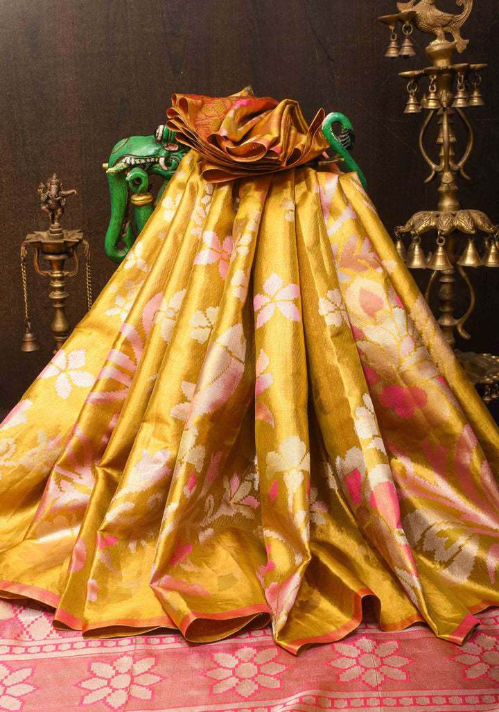 Borderless Gold Tissue Kanjivaram Silk Saree with meenakari Floral and birds motifs | SILK MARK CERTIFIED