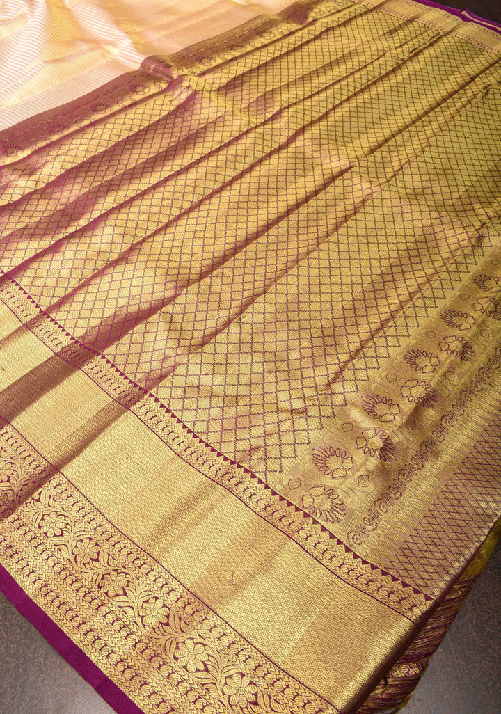 Beige Horizontal Zari Stripes Kanjivaram Silk Saree with Zari Border | SILK MARK CERTIFIED
