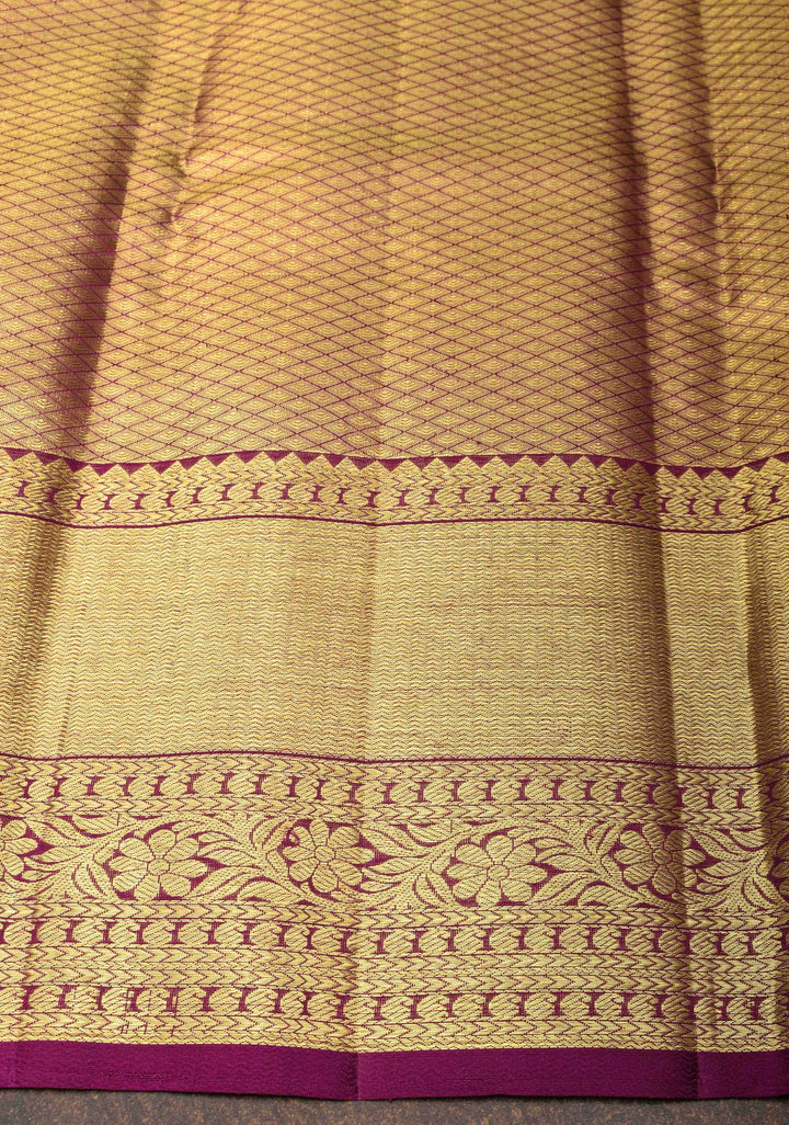 Beige Horizontal Zari Stripes Kanjivaram Silk Saree with Zari Border | SILK MARK CERTIFIED