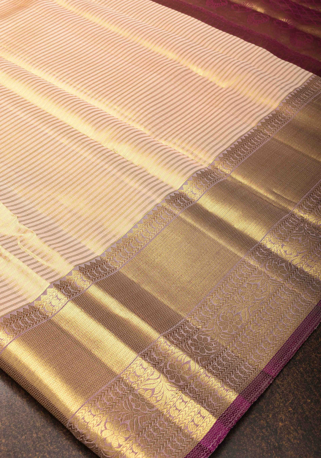 Beige Horizontal Zari Stripes Kanjivaram Silk Saree with Zari Border | SILK MARK CERTIFIED