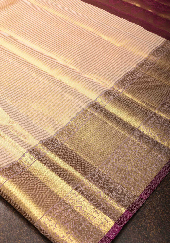 Beige Horizontal Zari Stripes Kanjivaram Silk Saree with Zari Border | SILK MARK CERTIFIED