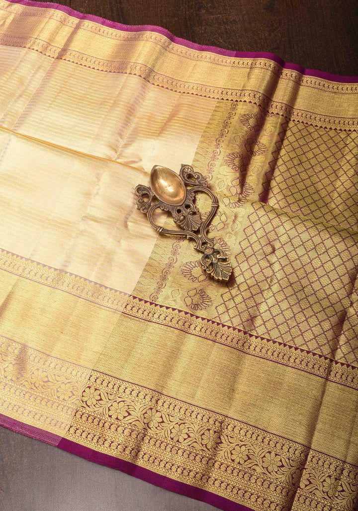 Beige Horizontal Zari Stripes Kanjivaram Silk Saree with Zari Border | SILK MARK CERTIFIED