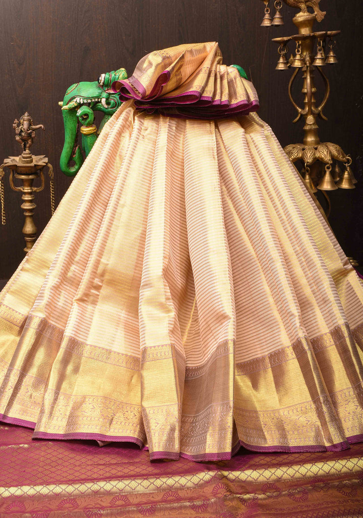 Beige Horizontal Zari Stripes Kanjivaram Silk Saree with Zari Border | SILK MARK CERTIFIED