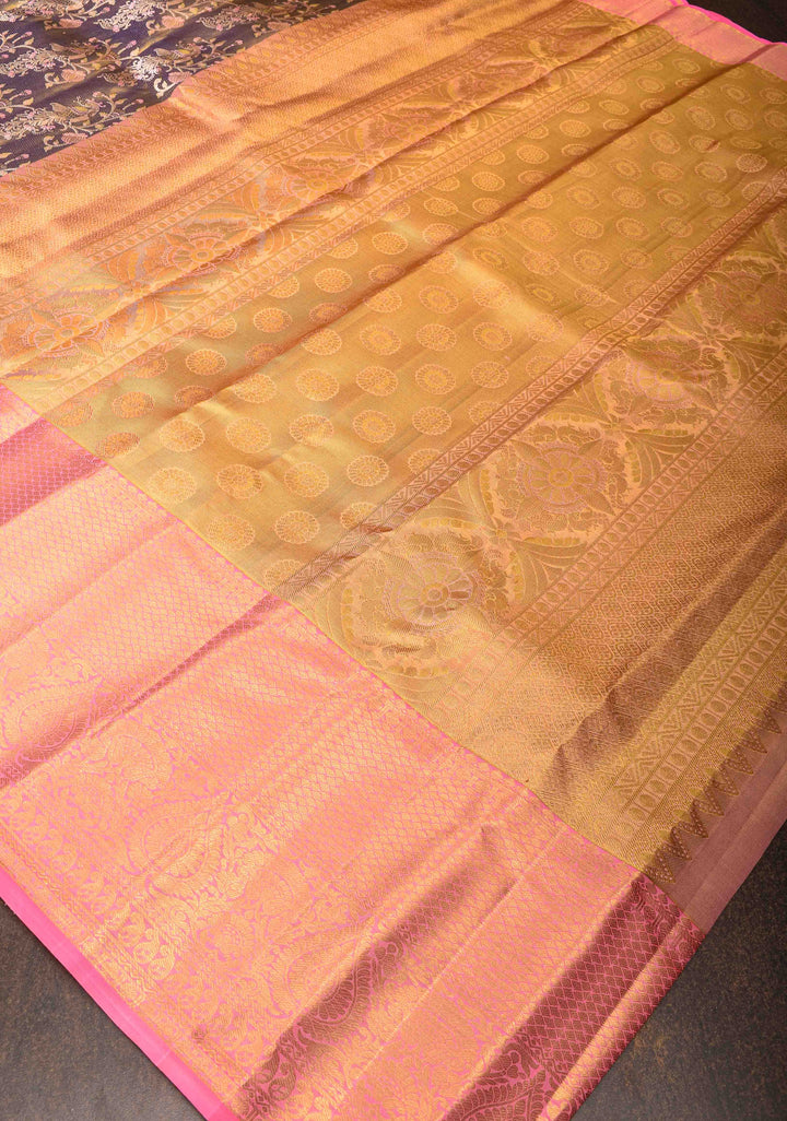 Olive Green Brocade Jaal Design Kanjivaram Silk Saree with Contrast Zari Border | SILK MARK CERTIFIED