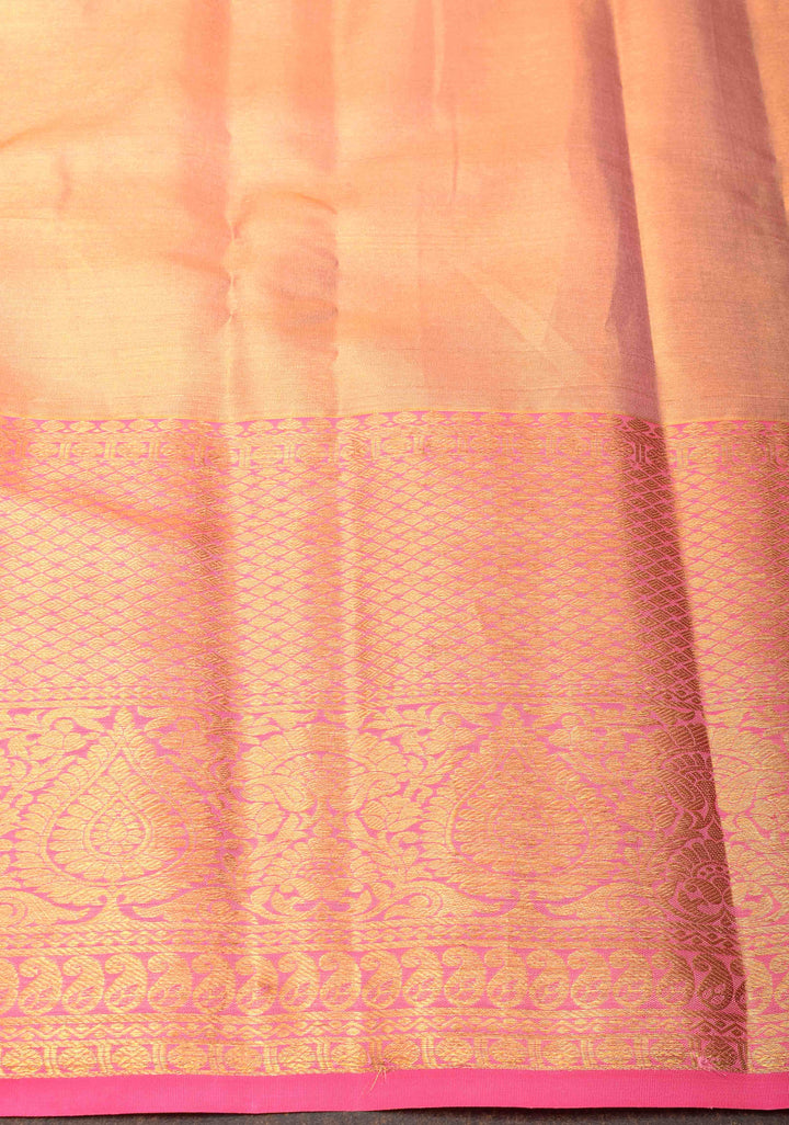 Olive Green Brocade Jaal Design Kanjivaram Silk Saree with Contrast Zari Border | SILK MARK CERTIFIED