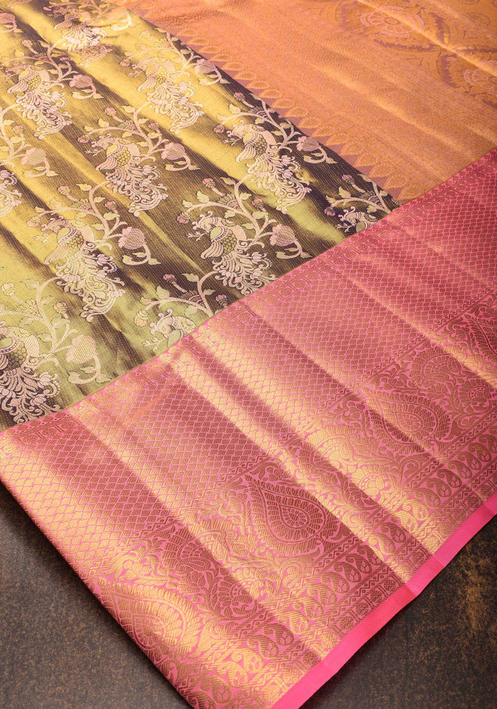 Olive Green Brocade Jaal Design Kanjivaram Silk Saree with Contrast Zari Border | SILK MARK CERTIFIED
