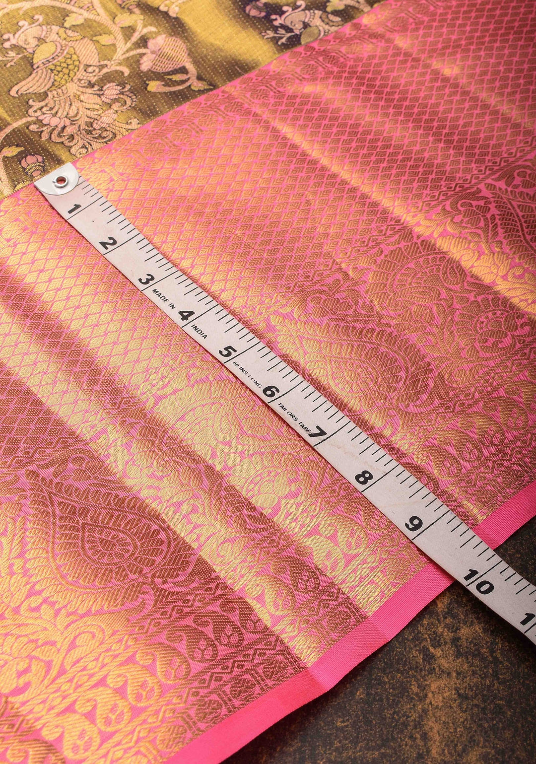 Olive Green Brocade Jaal Design Kanjivaram Silk Saree with Contrast Zari Border | SILK MARK CERTIFIED