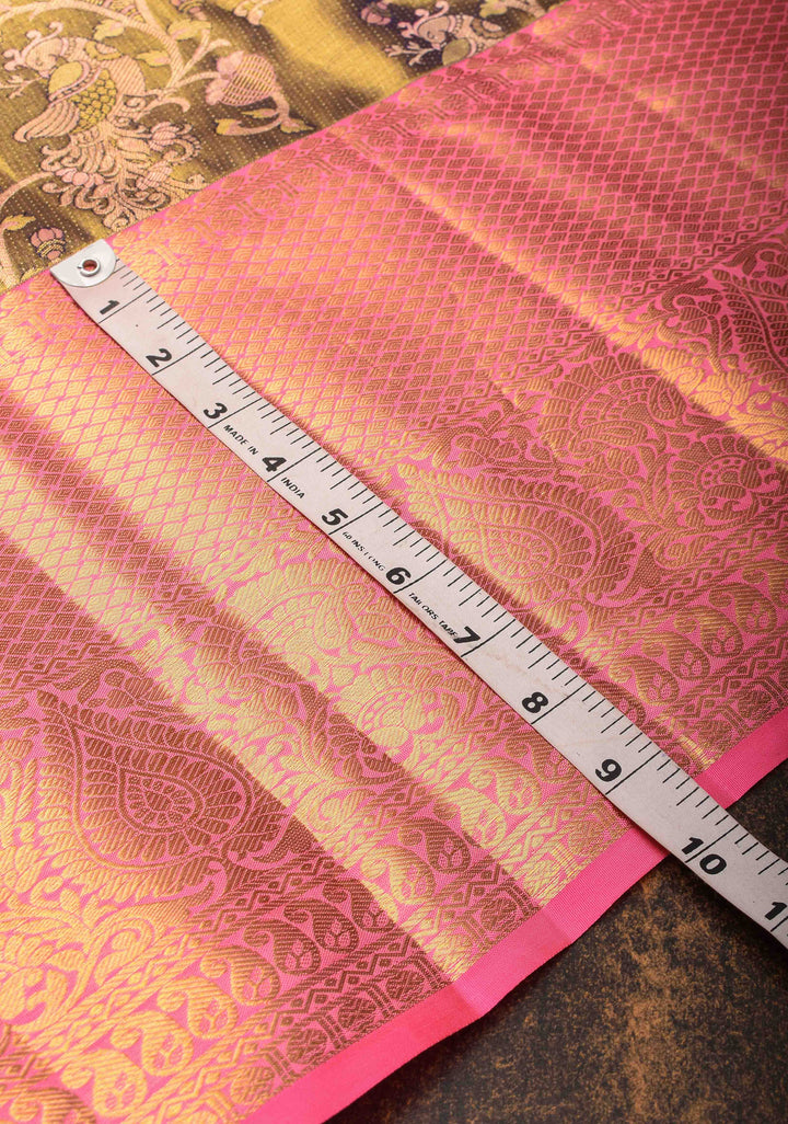 Olive Green Brocade Jaal Design Kanjivaram Silk Saree with Contrast Zari Border | SILK MARK CERTIFIED