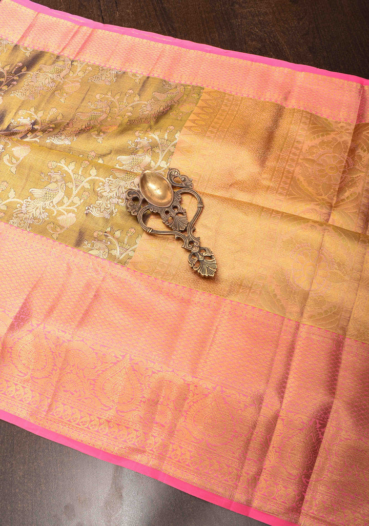 Olive Green Brocade Jaal Design Kanjivaram Silk Saree with Contrast Zari Border | SILK MARK CERTIFIED