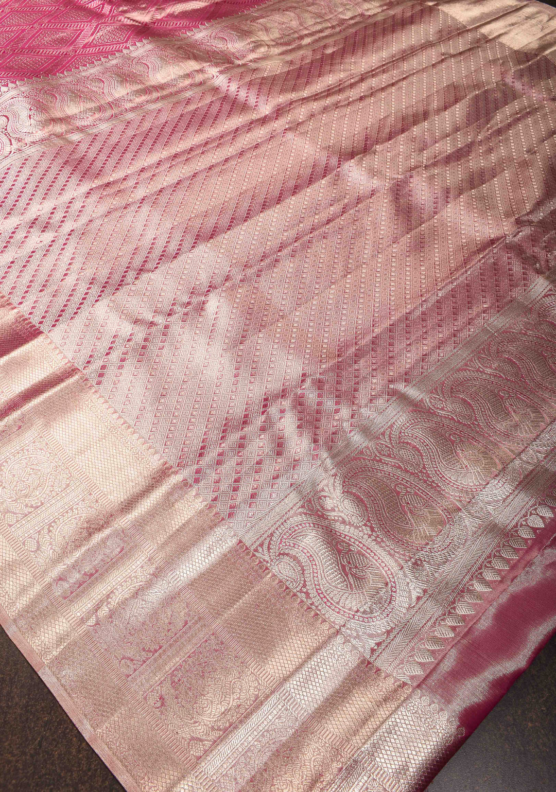 Dusty Pink Tissue Geometric Brocade Kanjivaram Pure Silk Saree with Zari Border | SILK MARK CERTIFIED