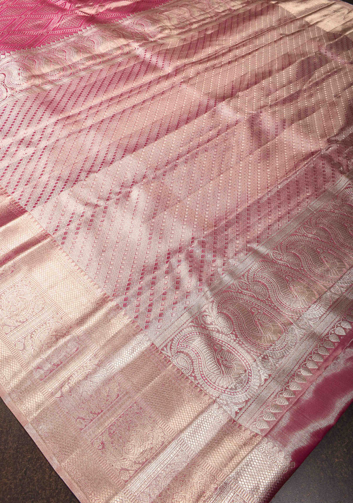 Dusty Pink Tissue Geometric Brocade Kanjivaram Pure Silk Saree with Zari Border | SILK MARK CERTIFIED