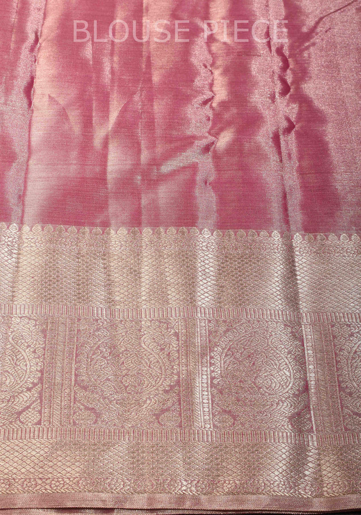 Dusty Pink Tissue Geometric Brocade Kanjivaram Pure Silk Saree with Zari Border | SILK MARK CERTIFIED