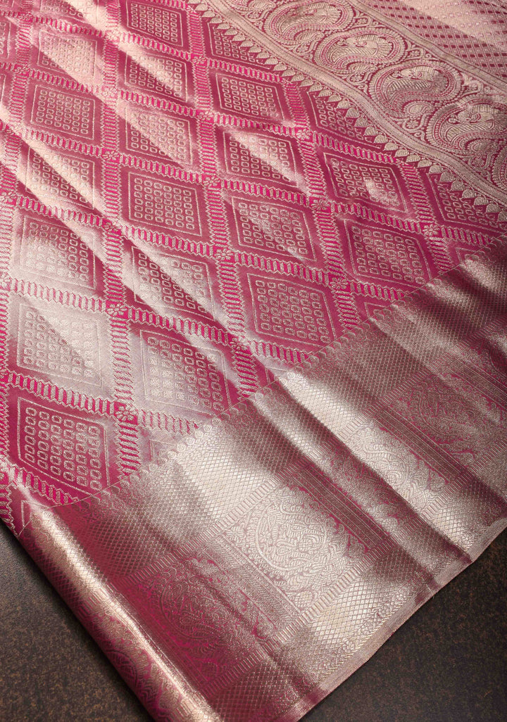 Dusty Pink Tissue Geometric Brocade Kanjivaram Pure Silk Saree with Zari Border | SILK MARK CERTIFIED