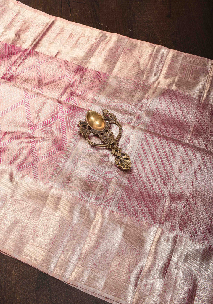 Dusty Pink Tissue Geometric Brocade Kanjivaram Pure Silk Saree with Zari Border | SILK MARK CERTIFIED