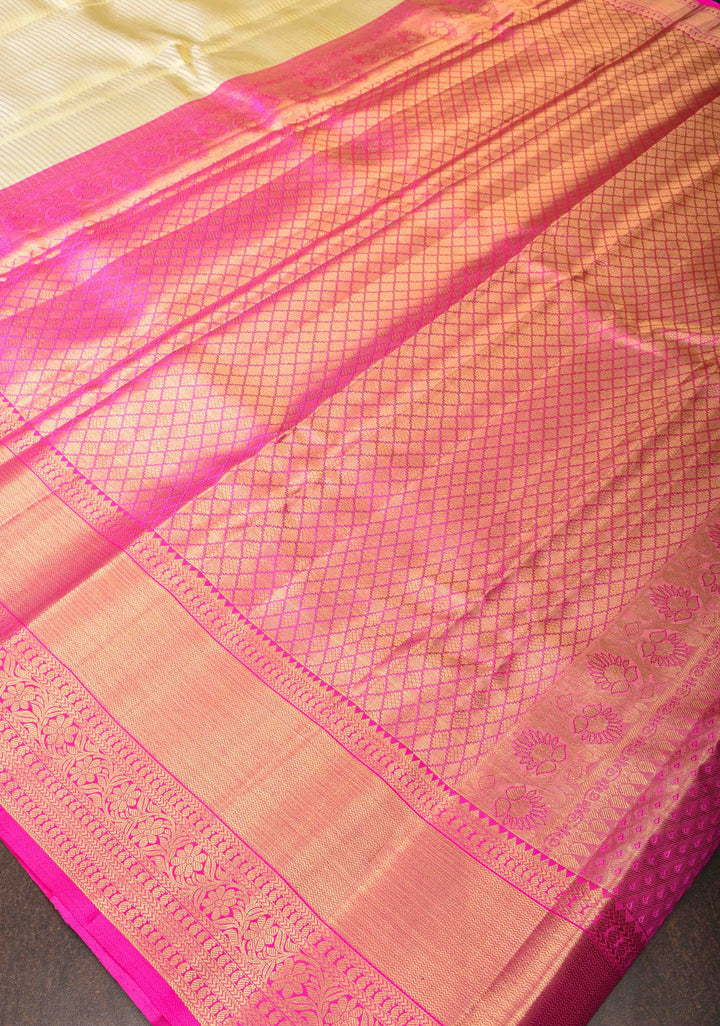 Cream Horizontal Zari Stripes Kanjivaram Silk Saree with Pink Contrast Zari Border | SILK MARK CERTIFIED