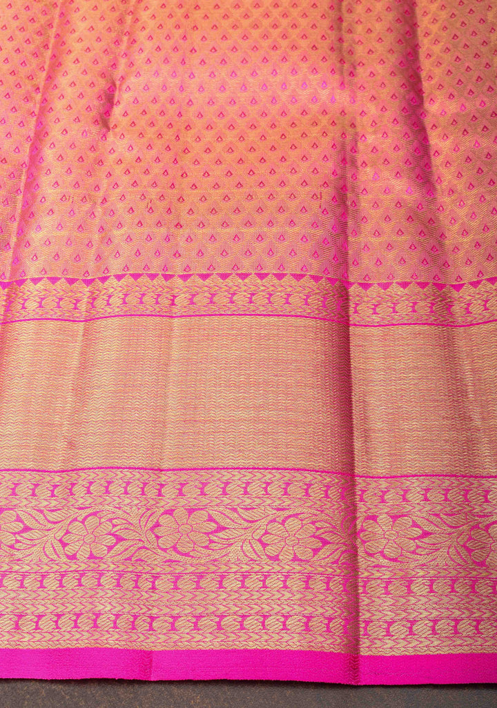 Cream Horizontal Zari Stripes Kanjivaram Silk Saree with Pink Contrast Zari Border | SILK MARK CERTIFIED